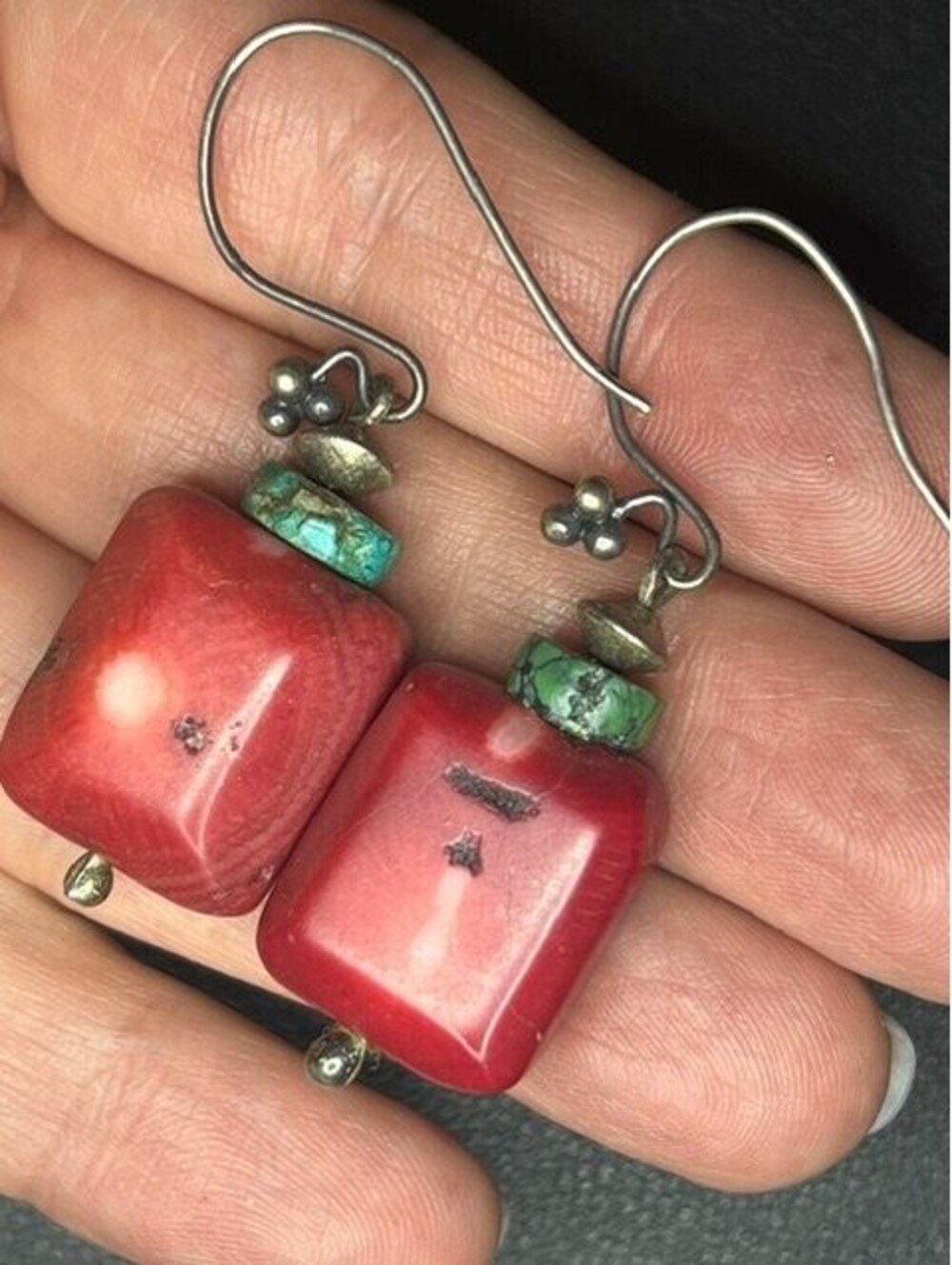 B7301 VTG Artisan Dangle Earrings Sterling Silver*Unmarked Coral Turquoise 2"